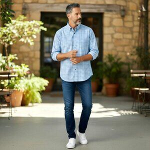 Arrow Shirt Blue Plaid Long Sleeve Button Up Wrinkle Free Pocket Mens Large